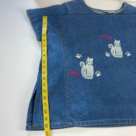 Cat lover Vtg denim short sleeve scoop neck embroidered side slit maxi dress XXL - Picture 14 of 17